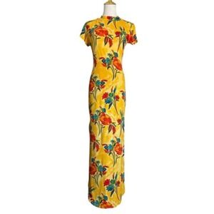 Absolutely! Yellow Floral Maxi Dress Mock Neck Back Cutout Short Womens Large